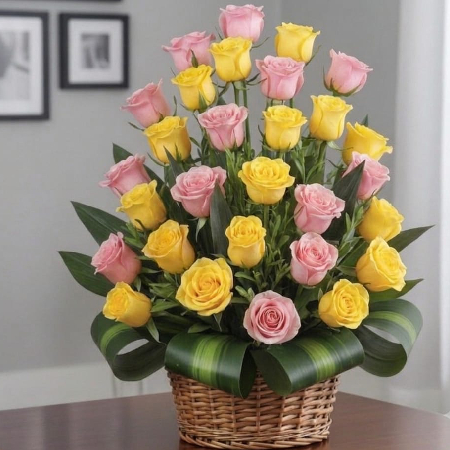 romantic beautiful yellow n pink rose arrangement